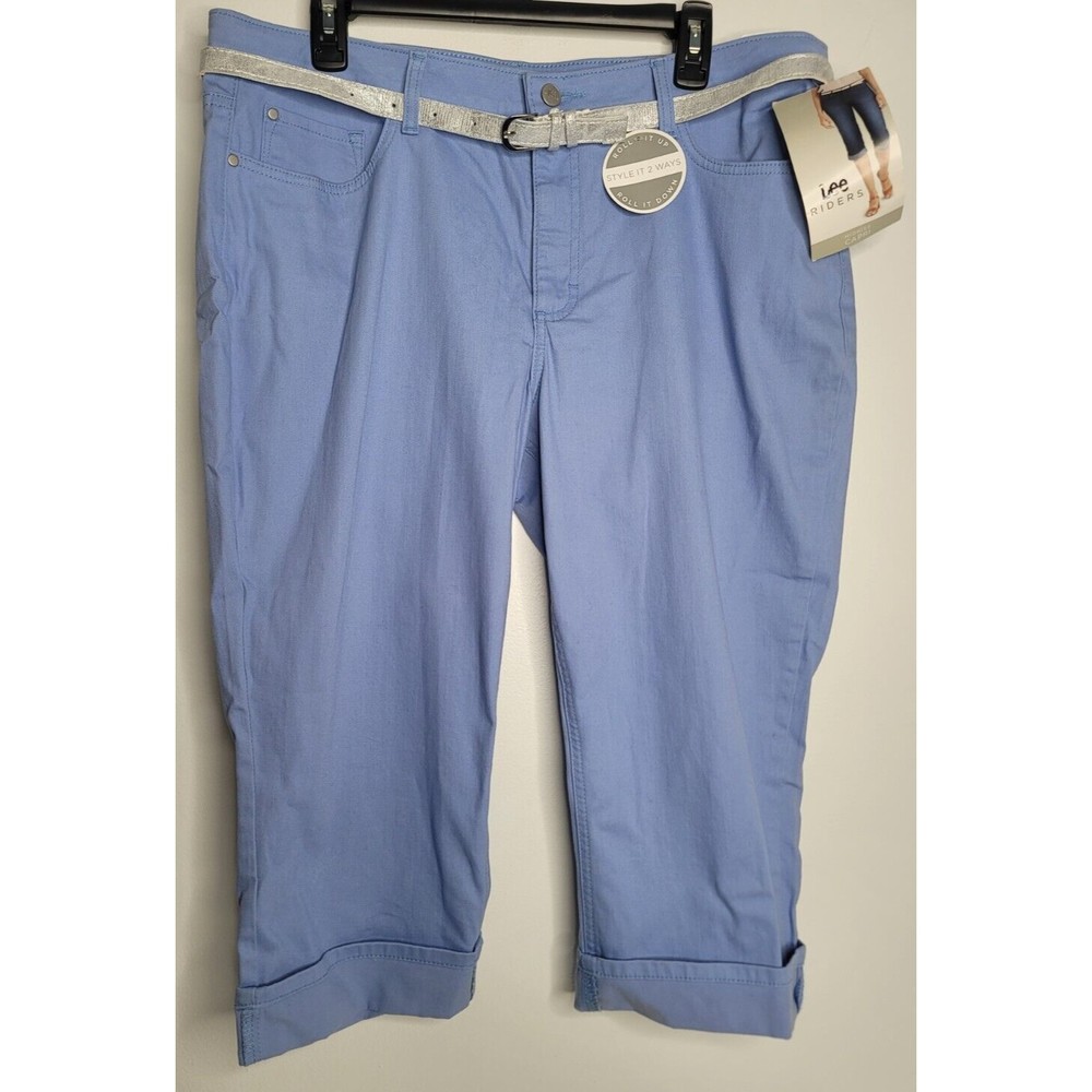 Lee Riders Jeans Women 16 M Mid Rise Capri Belted Pants Ladies NEW Blue Lavender